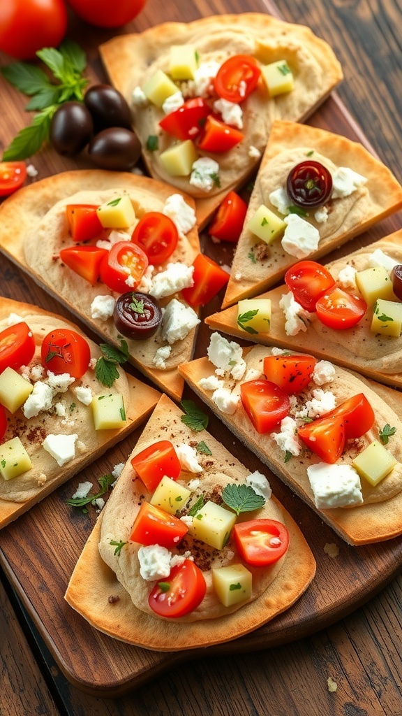 Mediterranean Pita Bread Appetizers A colorful platter of pita bread appetizers with hummus, tomatoes, cucumber, feta, and olives.